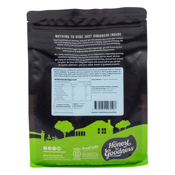 Honest To Goodness Certified Organic Hulled Buckwheat 500g Or 1Kg, A Natural Source Of Protein