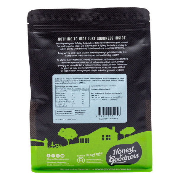 Honest To Goodness Certified Organic Oat Bran 750g, Supports Weight Loss