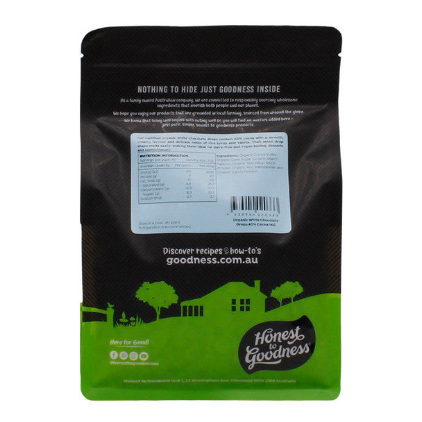 Honest To Goodness Certified Organic White Chocolate Drops 40% Cocoa 250g Or 1kg, Made From The Highest Quality Ingredients