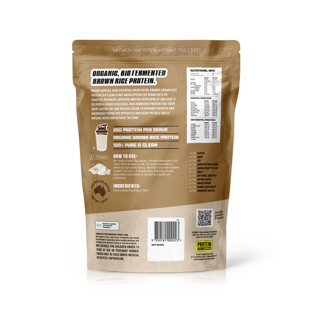Protein Supplies Australia Organic Brown Rice Protein Unflavoured 500g Or 1kg, Supports Muscle Recovery & Growth