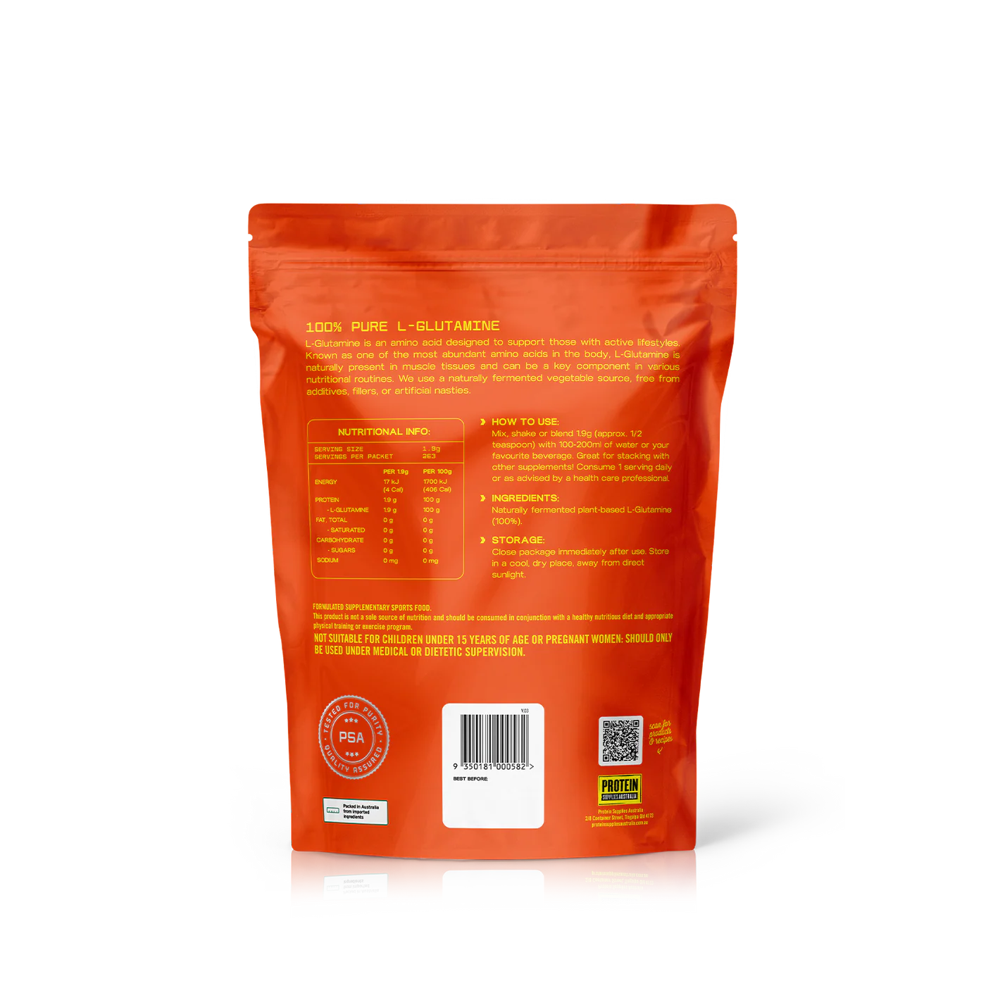 Protein Supplies Australia Plant Based L-Glutamine 200g Or 500g, 100% Pure