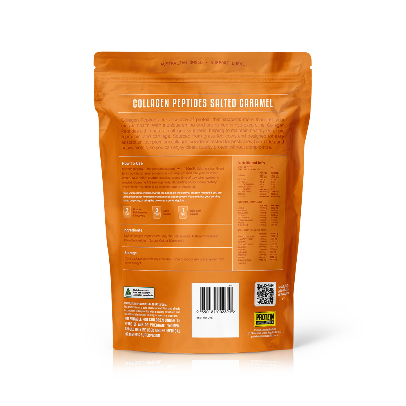 Protein Supplies Australia Grass Fed Collagen Peptides 500g Or 1Kg, Salted Caramel Flavour