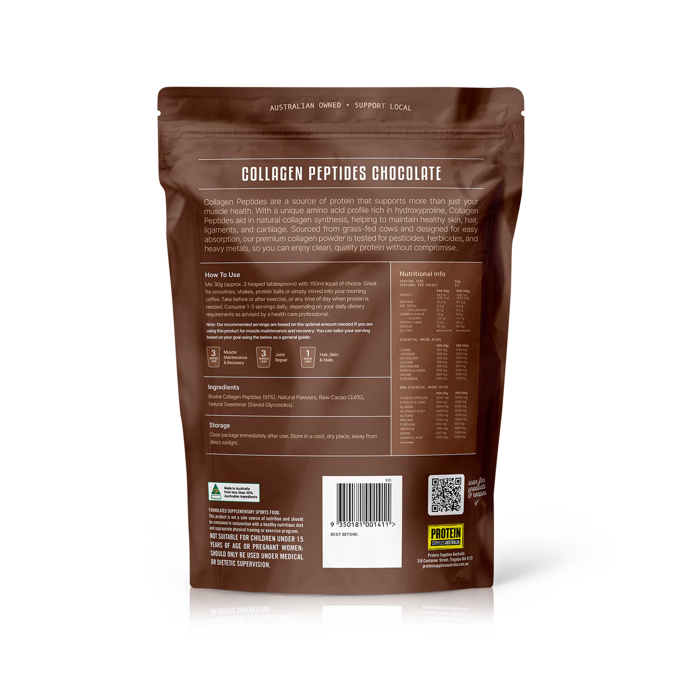 Protein Supplies Australia Bioactive Hydrolyzed Collagen Peptides 500g Or 1Kg, Chocolate Flavour