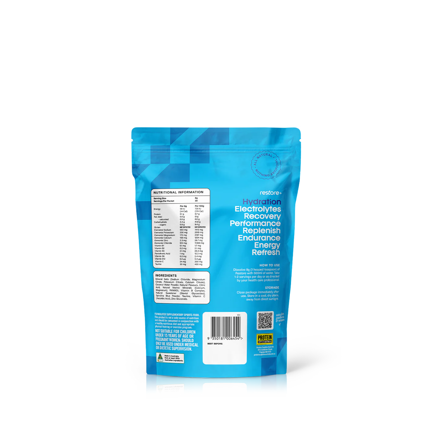 Protein Supplies Australia Restore Hydrating Electrolyte Drink Mix Blue Raspberry 240g, Rehydrate & Recover