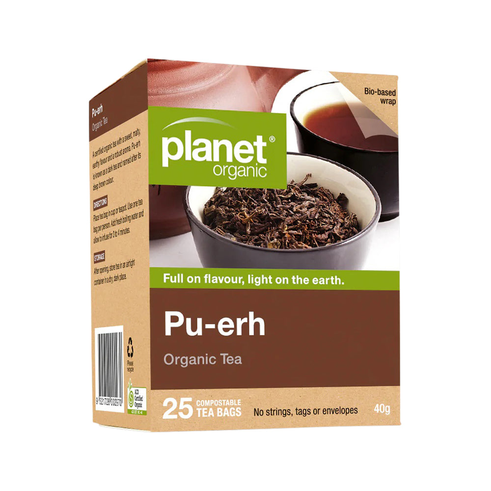Planet Organic Certified Organic Pu-erh Herbal Tea 25 Tea Bags, Deep, Earthy & Smooth