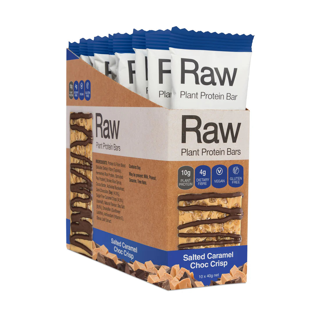 Amzonia Raw Plant Protein Bar 40g Single Bar Or A Box Of 10 Bars, Salted Caramel Choc Crisp Flavour