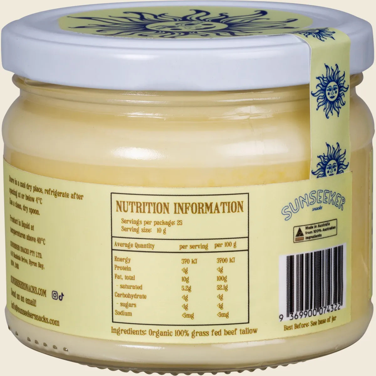Sunseeker Certified Organic Grass Fed Beef Tallow 250g, 100% Australian