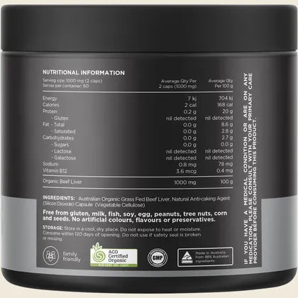 Switch Nutrition Beef Liver 100% Organic Grass Fed 120 Capsules, Wholefood Strength