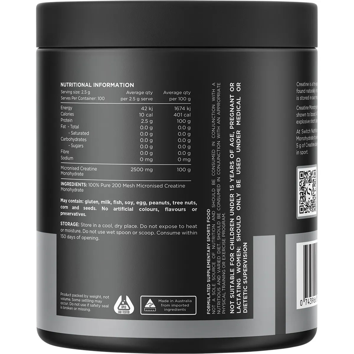 Switch Nutrition Creatine 100% Pure Micronized Monohydrate Unflavoured 250g (100 Serves)