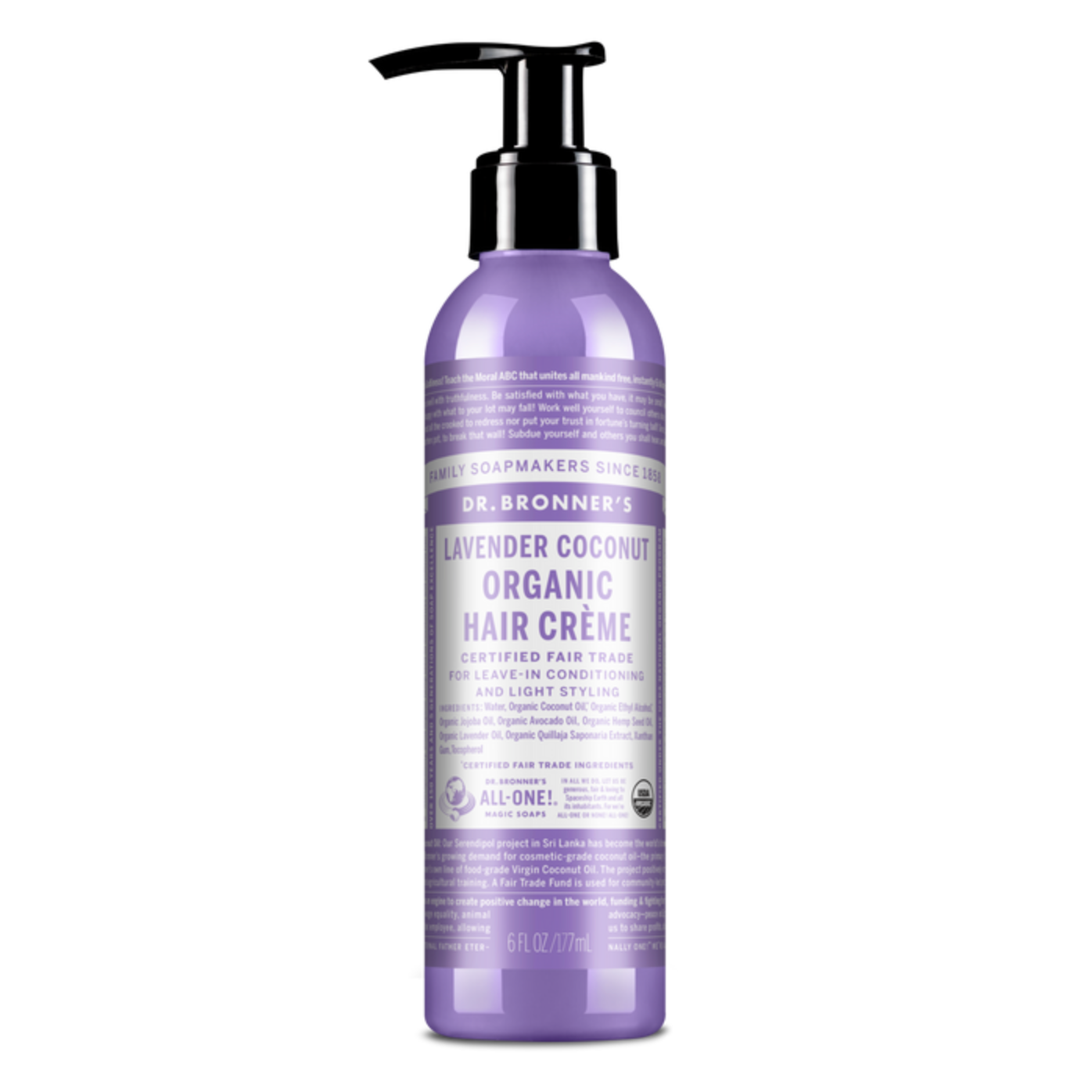 Dr Bronner's Organic Hair Creme 177mL, Lavender Coconut Fragrance For Light Styling