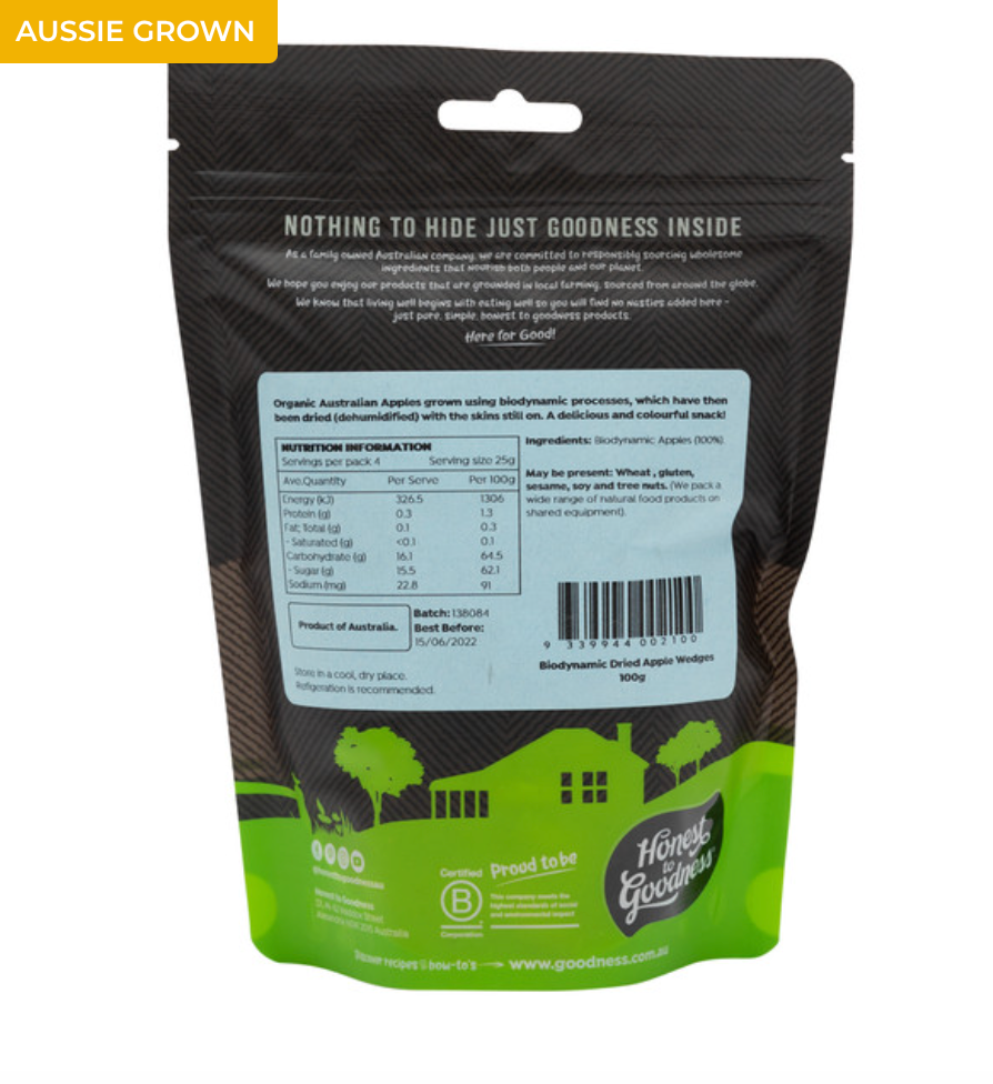 Honest To Goodness Biodynamic Dried Apple Wedges 100g, Australian Certified Organic