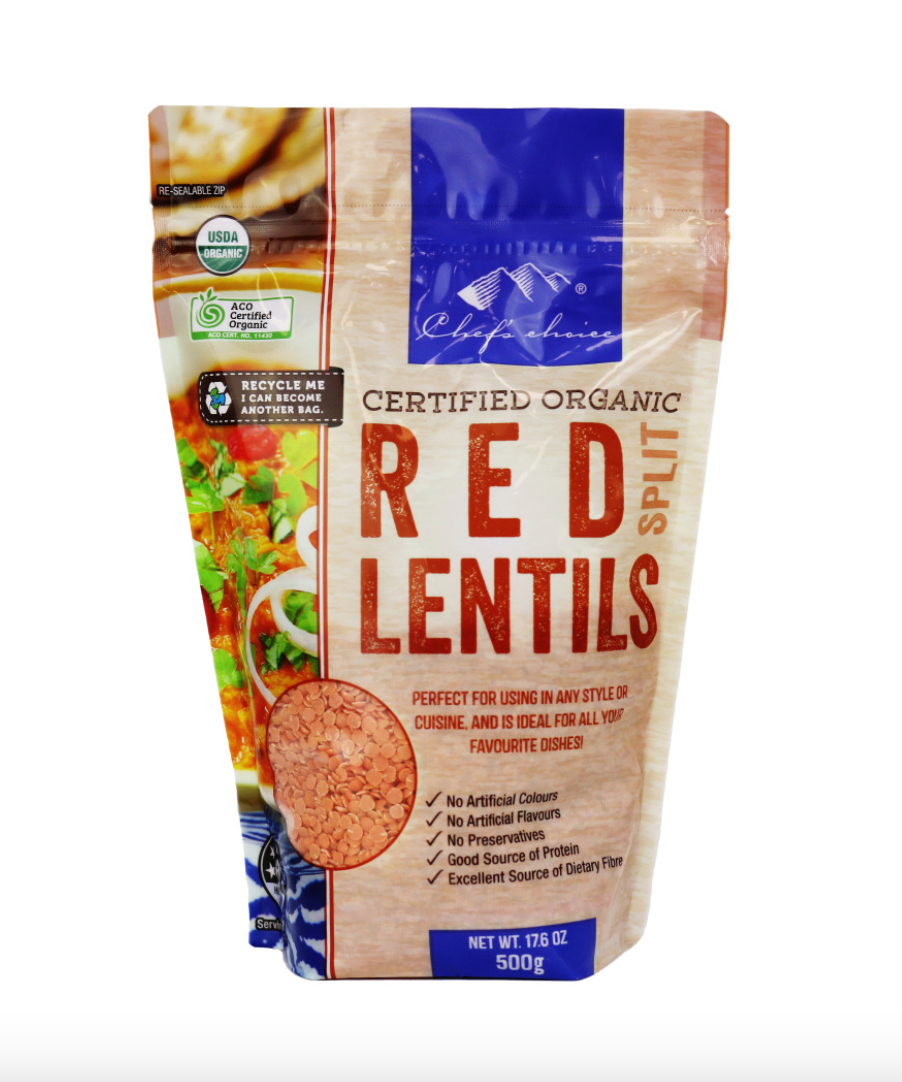 Chef's Choice Certified Organic Red Lentils Split 500g, Perfect For Dahl