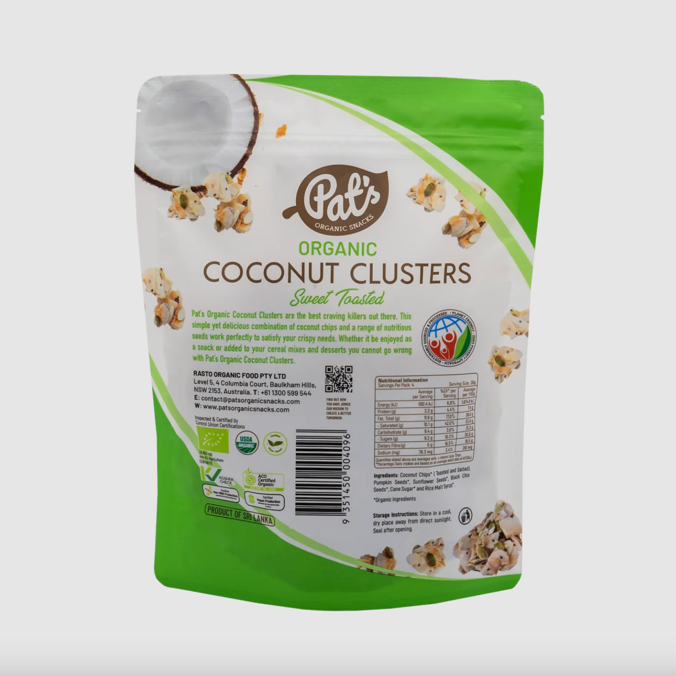 Pat's Organic Snacks Organic Coconut Clusters 140g, Regular Flavour