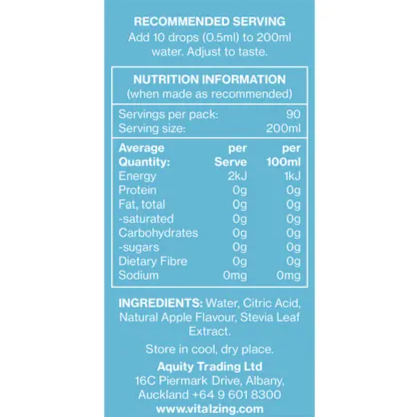 Vital Zing Flavour Enhancer Green Apple Water Drops 45mL, Sugar & Colouring Free