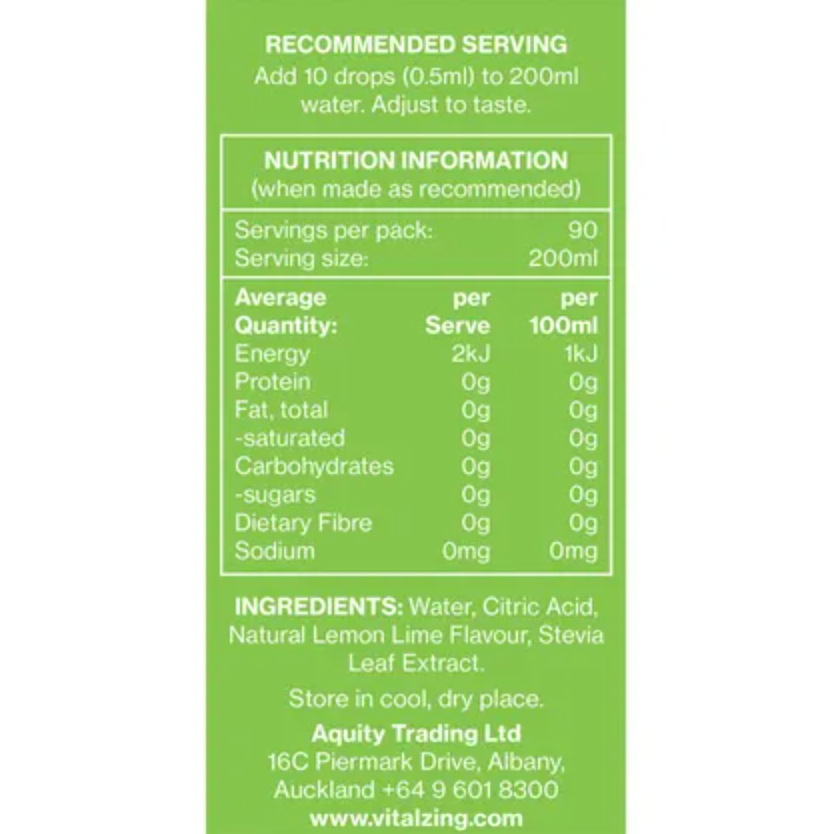 Vital Zing Flavour Enhancer Lemon & Lime Water Drops 45mL, Sugar & Colouring Free