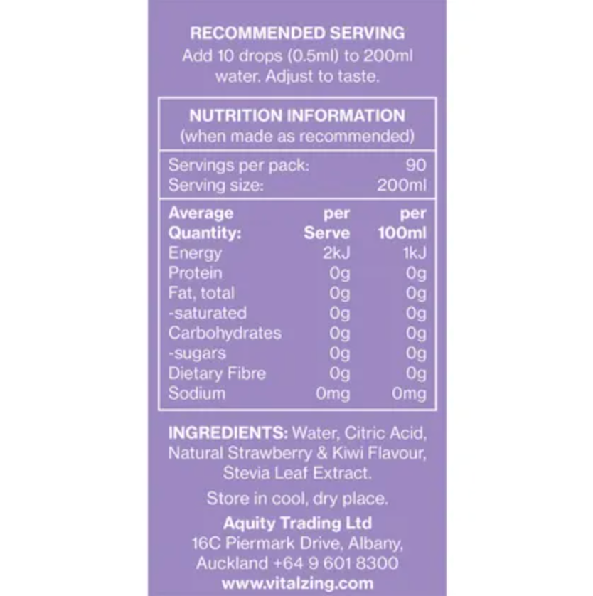 Vital Zing Flavour Enhancer Strawberry & Kiwi Water Drops 45mL, Sugar & Colouring Free