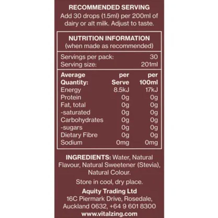 Vital Zing Natural Flavouring Chocolate Milk Drops 40mL, Sugar & Carb Free