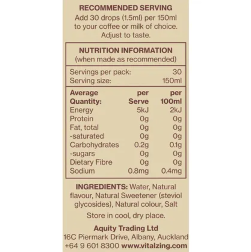 Vital Zing Natural Flavouring Vanilla Cafe Drops 40mL, Sugar & Preservative Free