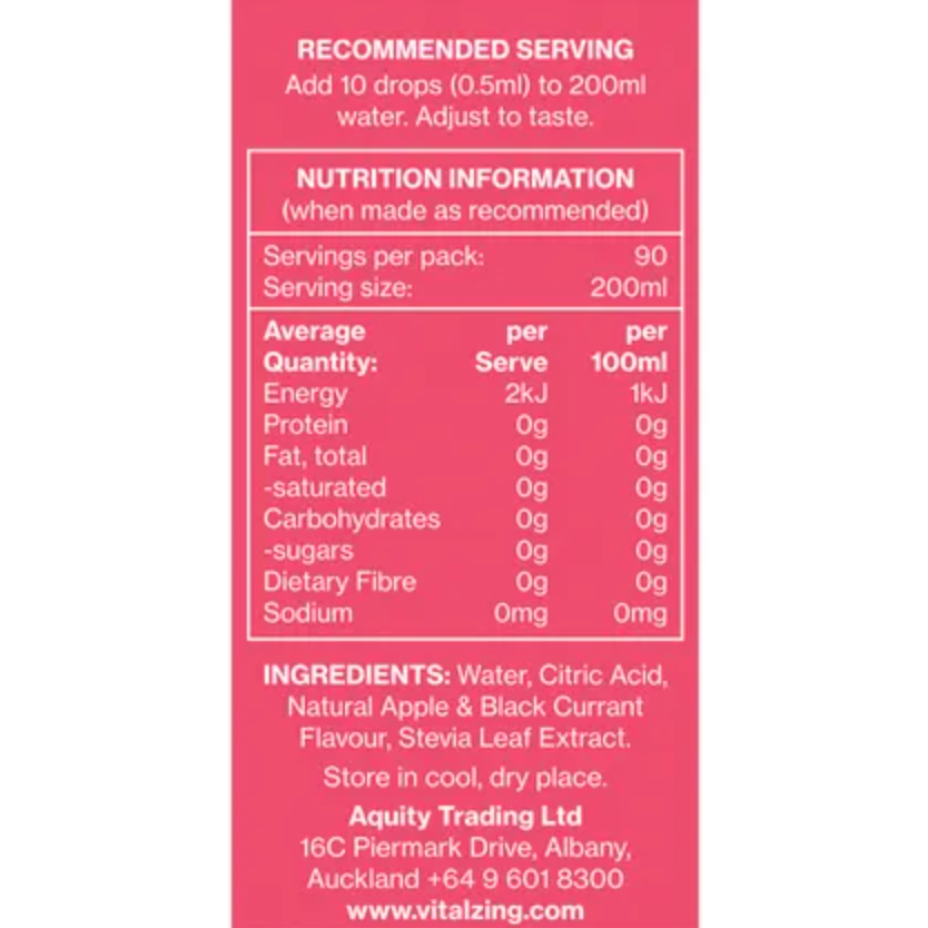 Vital Zing Flavour Enhancer Apple & Blackcurrant Water Drops 45mL, Sugar & Colouring Free