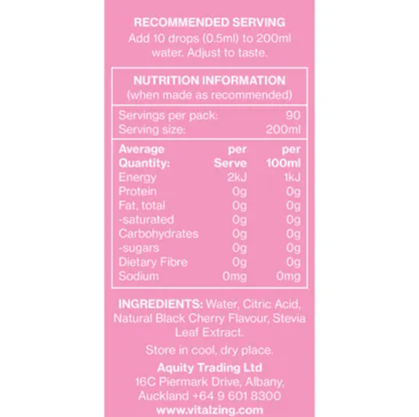 Vital Zing Flavour Enhancer Black Cherry Water Drops 45mL, Sugar & Colouring Free