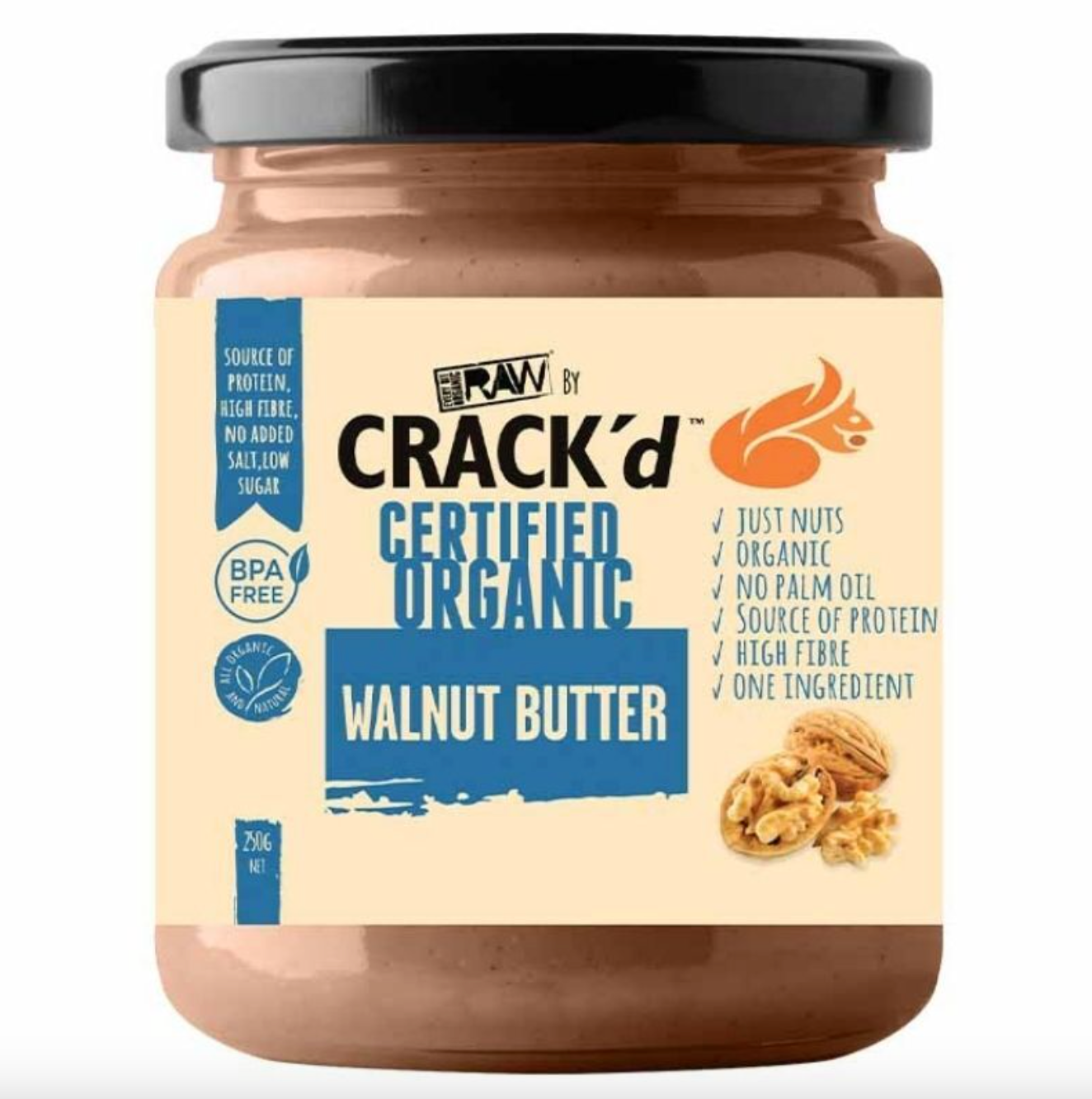 Every Bit Organic Raw Crack'd Walnut Butter 250g, Certified Organic