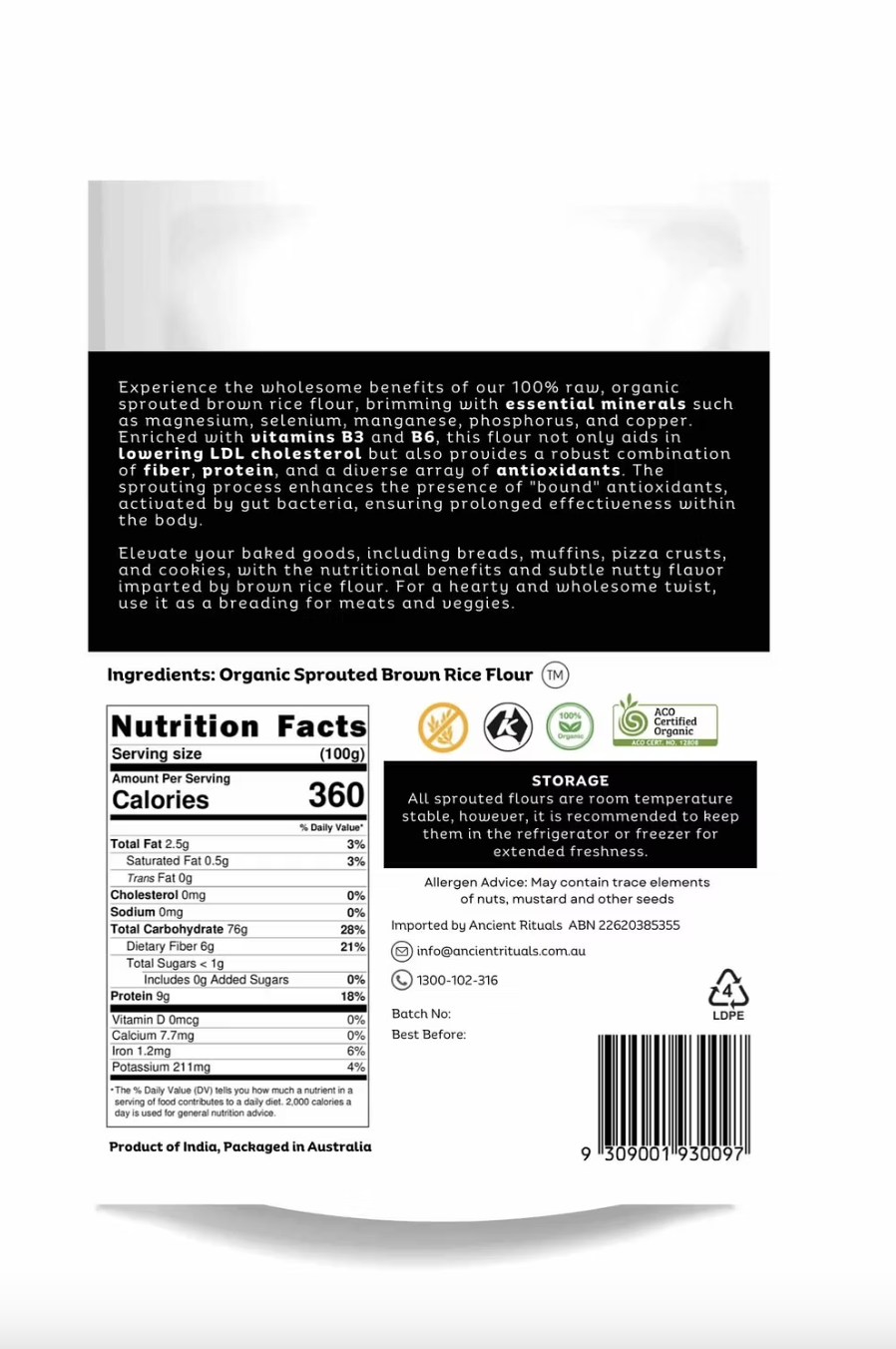 Ancient Rituals Sprouted Brown Rice Flour 500g, 100% Certified Organic