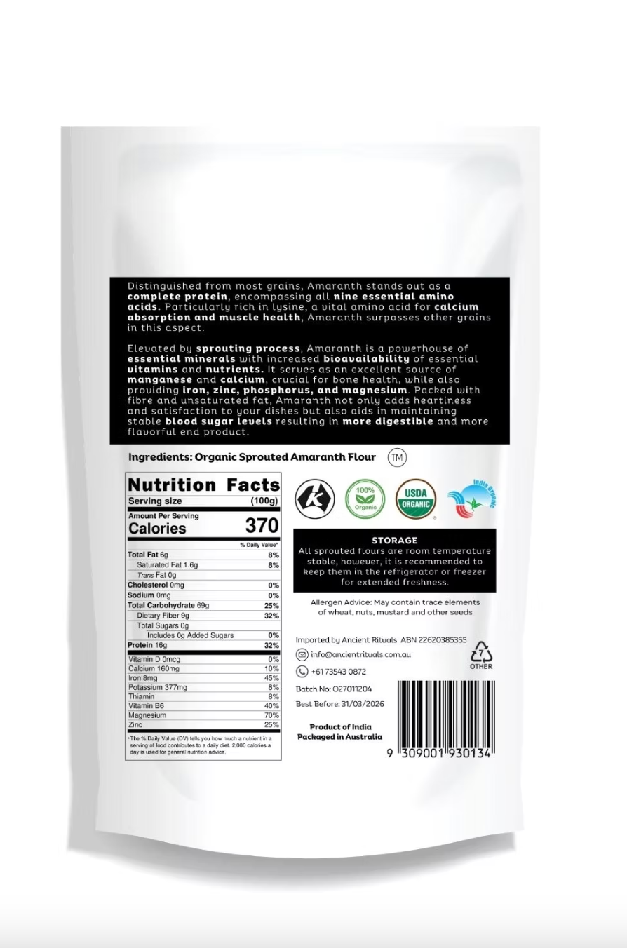 Ancient Rituals Sprouted Amaranth Flour 500g, 100% Certified Organic