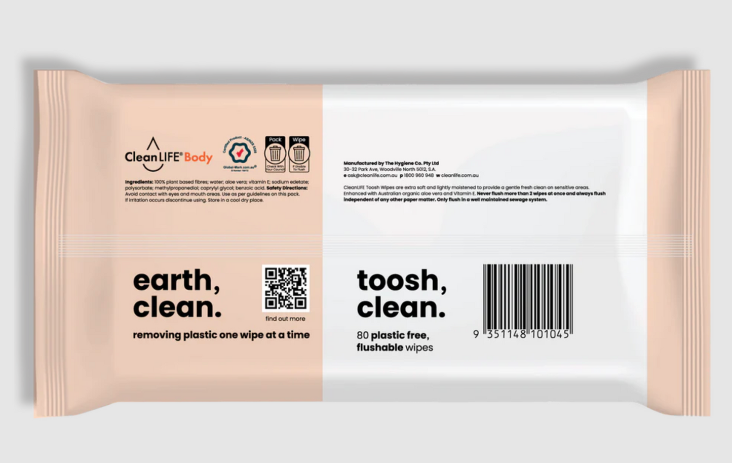 Clean LIFE Toosh Clean Flushable Wipes 80pk, Soft & Plastic Free