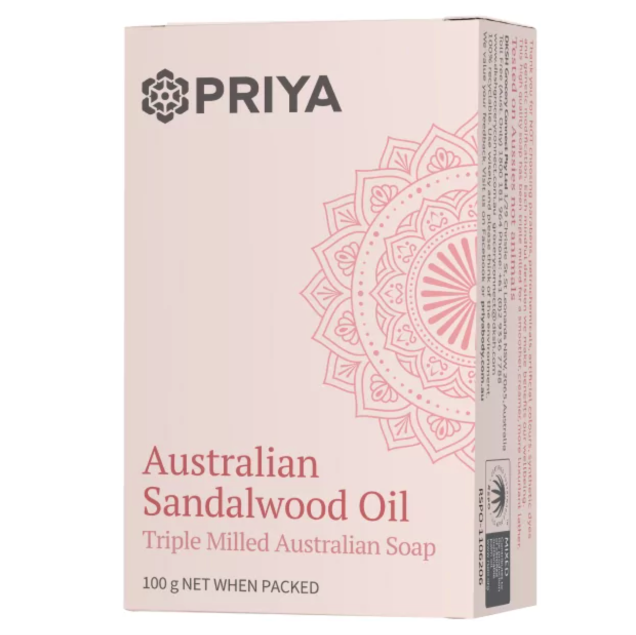 Priya Body Australian Sandalwood Oil Soap Bar 100g, Triple Milled & Plant Oil Based