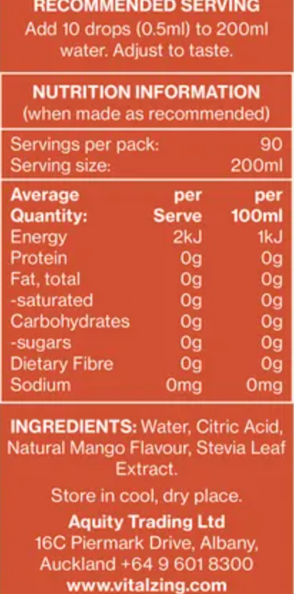 Vital Zing Flavour Enhancer Mango Water Drops 45mL, Sugar & Colouring Free