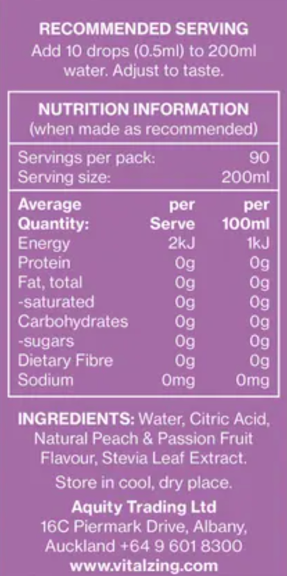 Vital Zing Flavour Enhancer Peach & Passionfruit Water Drops 45mL, Sugar & Colouring Free