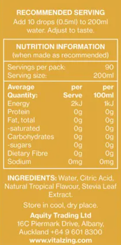 Vital Zing Flavour Enhancer Tropical Fruit Water Drops 45mL, Sugar & Colouring Free