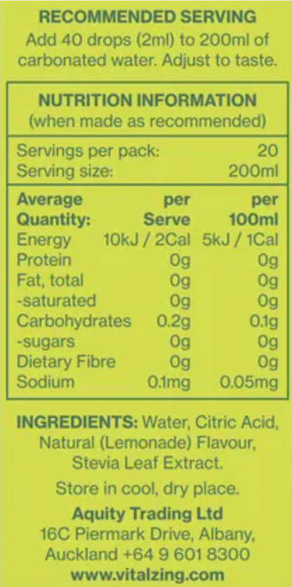Vital Zing Natural Flavouring Lemonade Soda Drops 40mL, Sugar & Preservative Free