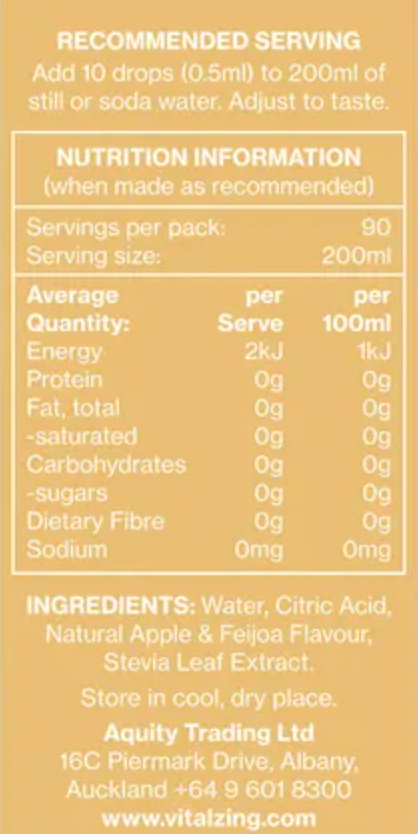 Vital Zing Flavour Enhancer Apple & Feijoa Water Drops 45mL, Sugar & Colouring Free