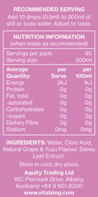 Vital Zing Flavour Enhancer Grape & Yuzu Water Drops 45mL, Sugar & Colouring Free