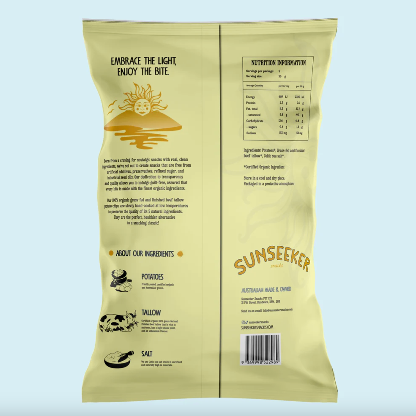 Sunseeker Snacks Organic 100% Grass-Fed Beef Tallow Potato Chips 140g, Sprinkled With Celtic Sea Salt