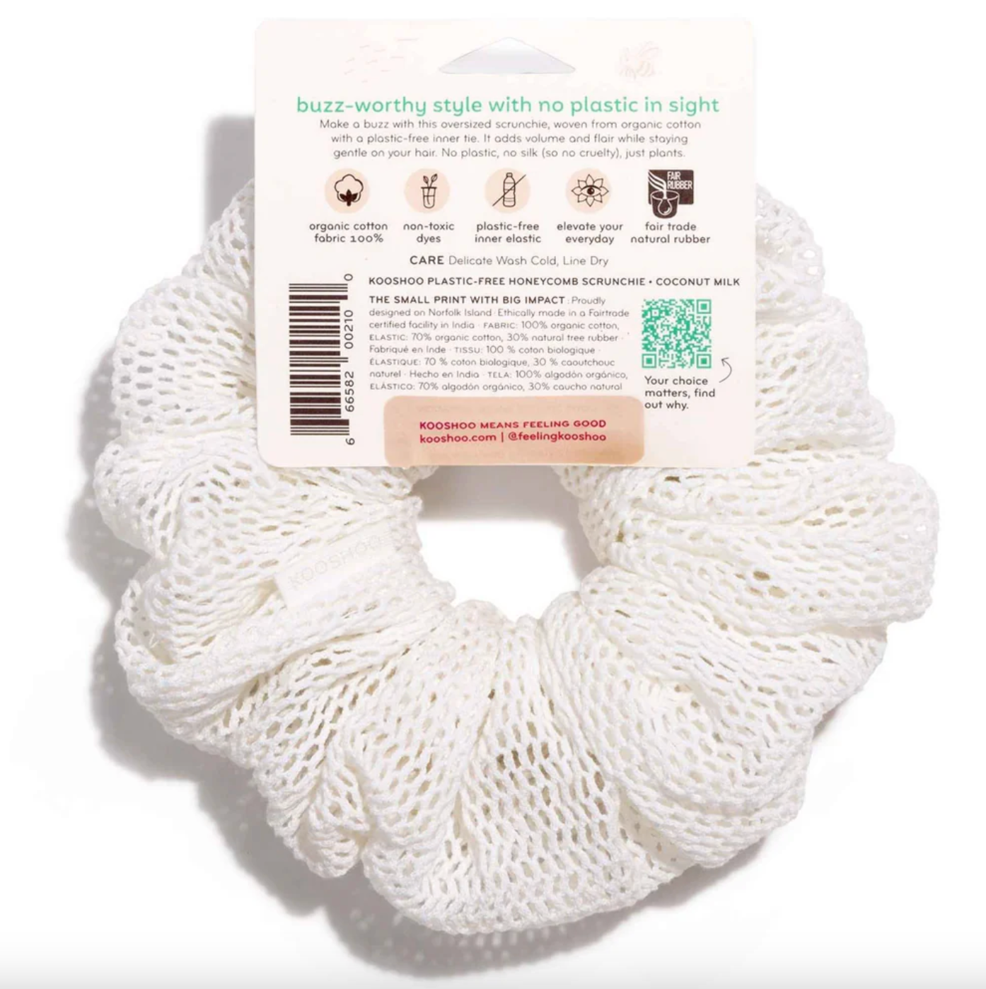 Kooshoo Plastic-Free Honeycomb Scrunchie, Coconut Milk Coloured Fabric