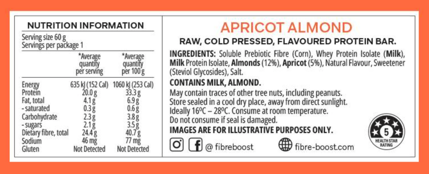 Fibre Boost Cold Pressed Protein Bar Single or Box of 12, Apricot Almond Flavour