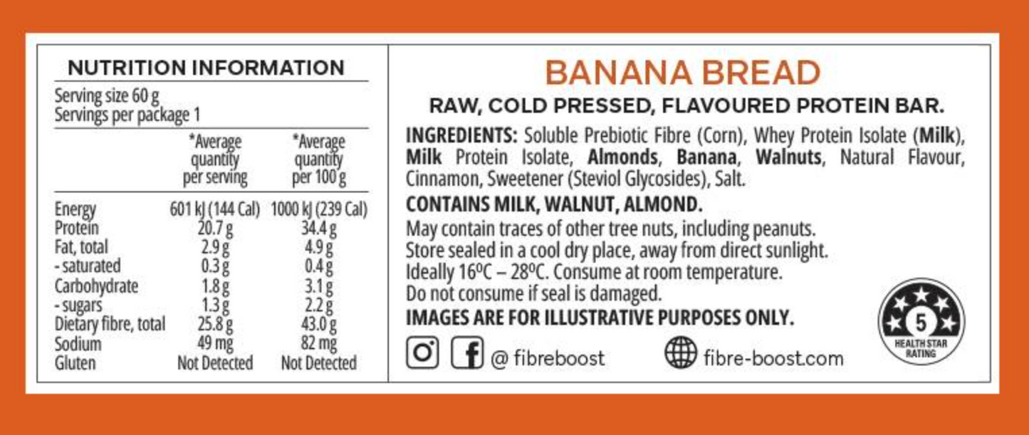 Fibre Boost Cold Pressed Protein Bar Single or Box of 12, Banana Bread Flavour