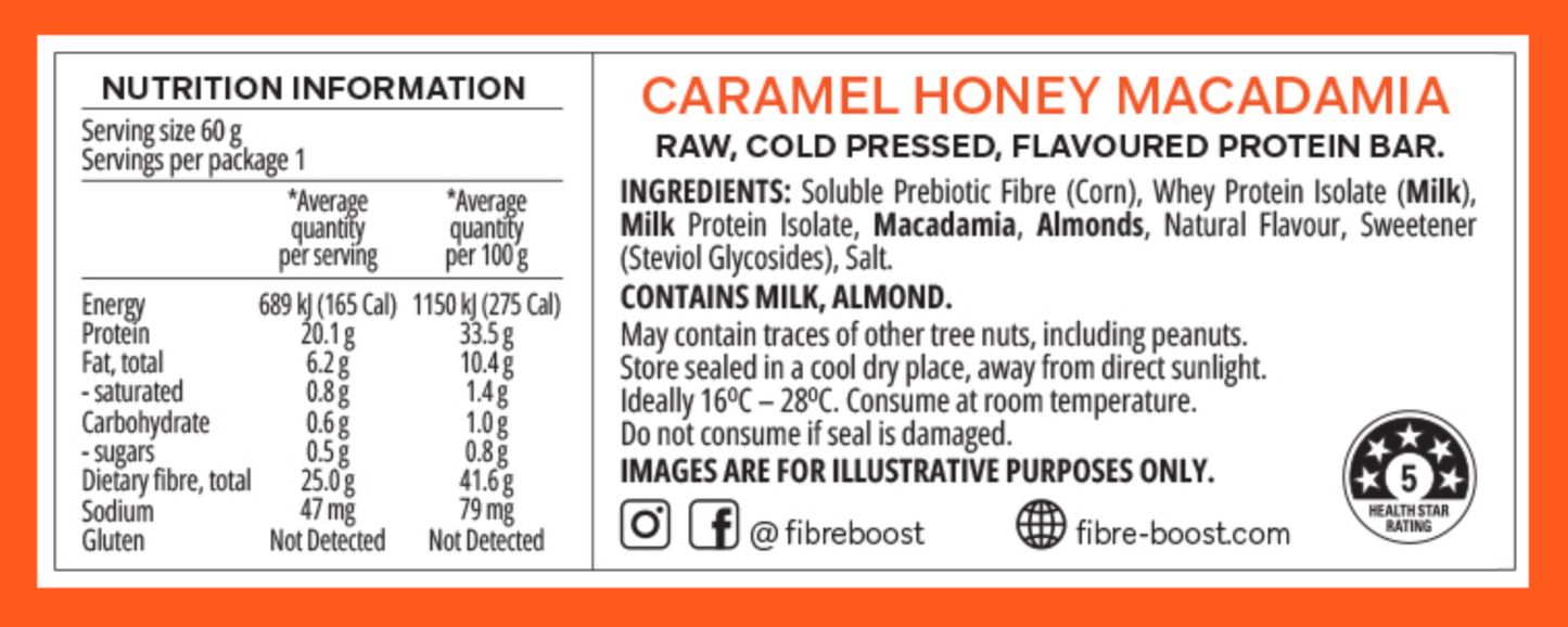Fibre Boost Cold Pressed Protein Bar Single or Box of 12, Caramel Honey Macadamia Flavour