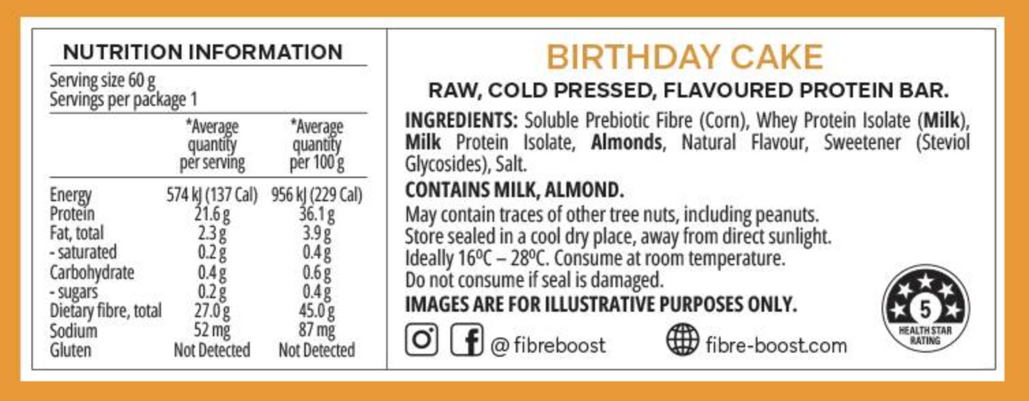 Fibre Boost Cold Pressed Protein Bar Single or Box of 12, Birthday Cake Flavour