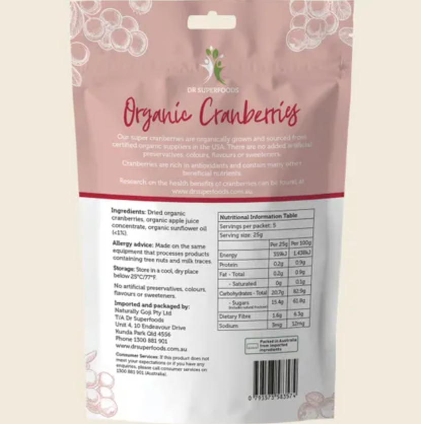 Dr Superfoods Dried Organic Cranberries 125g, No Added Cane Sugar