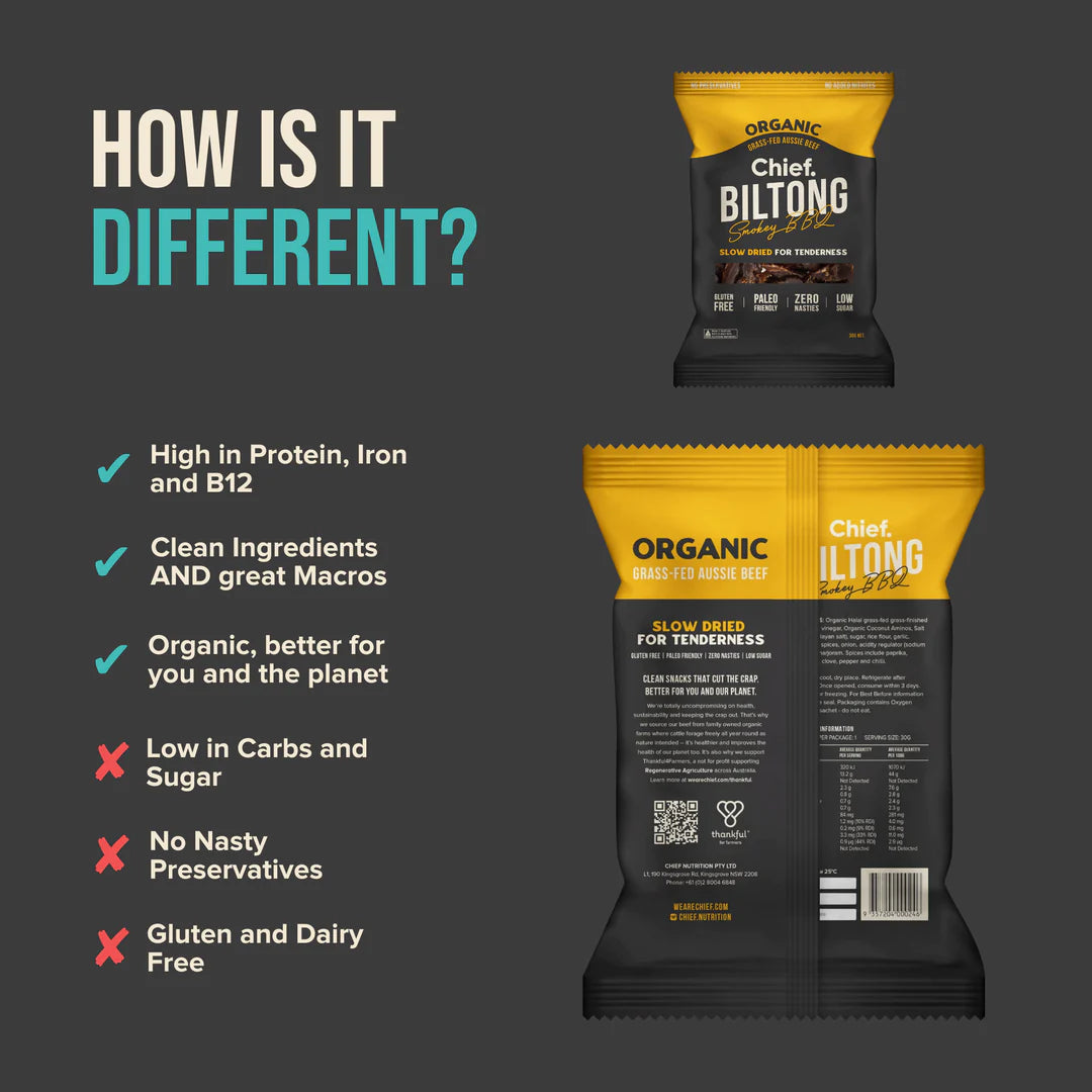Chief. Biltong 30g Or 90g, Smokey BBQ Flavour; Certified Organic & Slow Dried