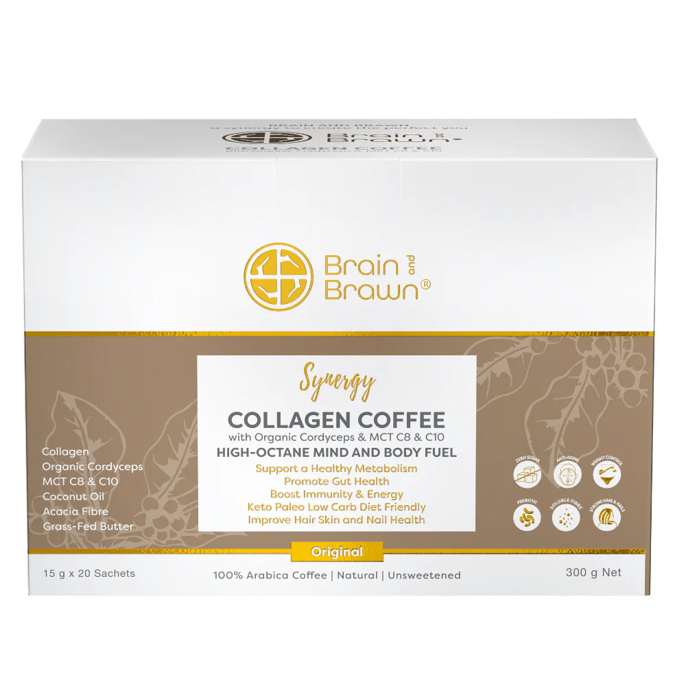 Brain & Brawn Synergy Collagen Coffee 15g x 7 Sachets Or 15g x 20 Sachets, With Organic Cordyceps & MCT C8 & C10