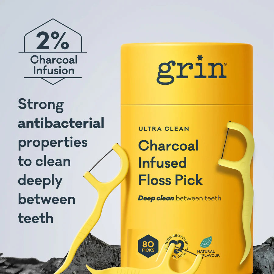 Grin Ultra Clean Charcoal Infused Floss Sticks 40Picks, Individually Wrapped With A Natural Mint Flavour