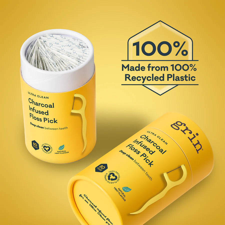 Grin Ultra Clean Charcoal Infused Floss Sticks 40Picks, Individually Wrapped With A Natural Mint Flavour