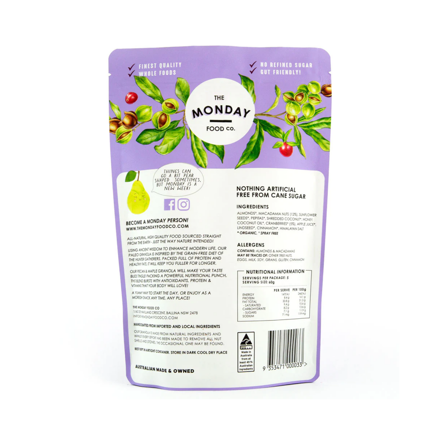 The Monday Food Co. Paleo Friendly Macadamia & Cranberry Gourmet Granola 300g, With Honey & Shredded Coconut