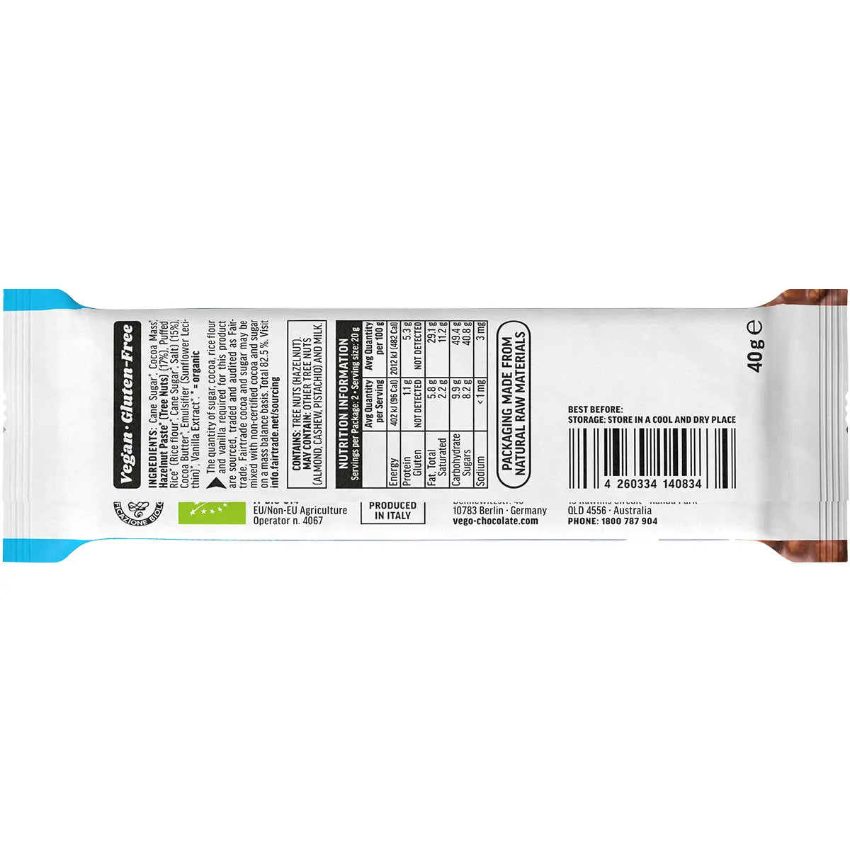 Vego Certified Organic Crisp Chocolate Bar 40g, Creamy Chocolate & Rice Crisps