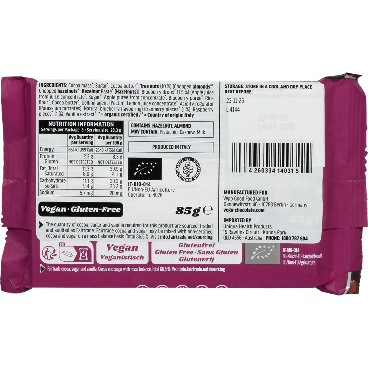 Vego Certified Organic Nuts & Berries Dark Chocolate Bar 85g,