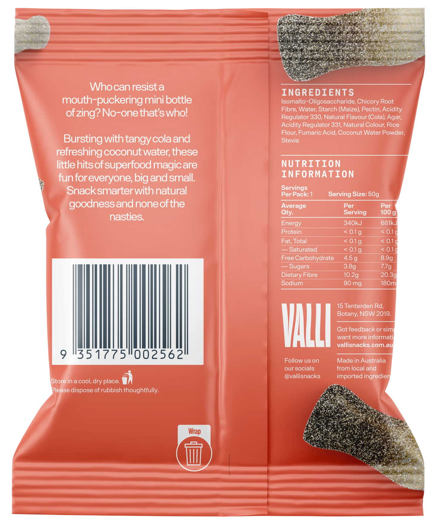 Valli Sour Cola Bottles With Coconut Water 50g, Mini Bottle Zing